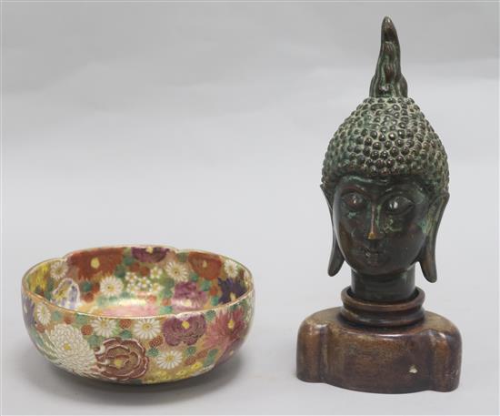 A Satsuma millefiori bowl and a bronze head of a Buddha